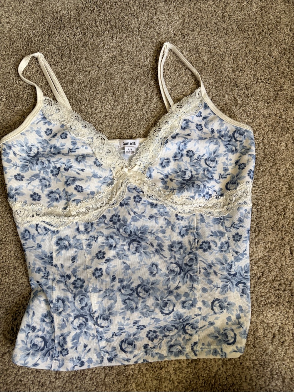 Garage White and Blue Floral Lace-Trim Cami